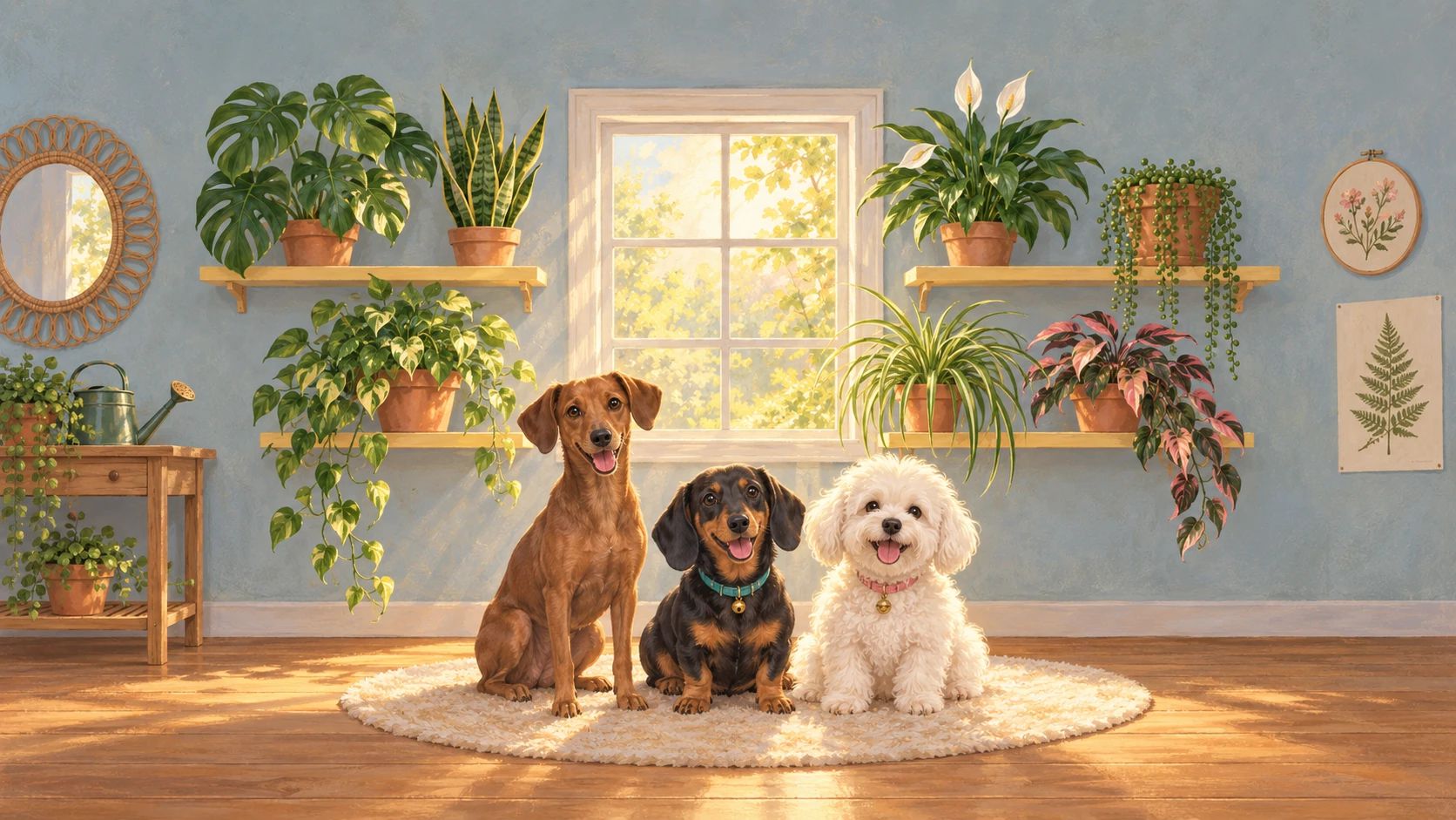 A sunny painted room full of houseplants on yellow shelves, with A.D. the dachshund and his two dog friends, Twix and Pepay, sitting on a rug.