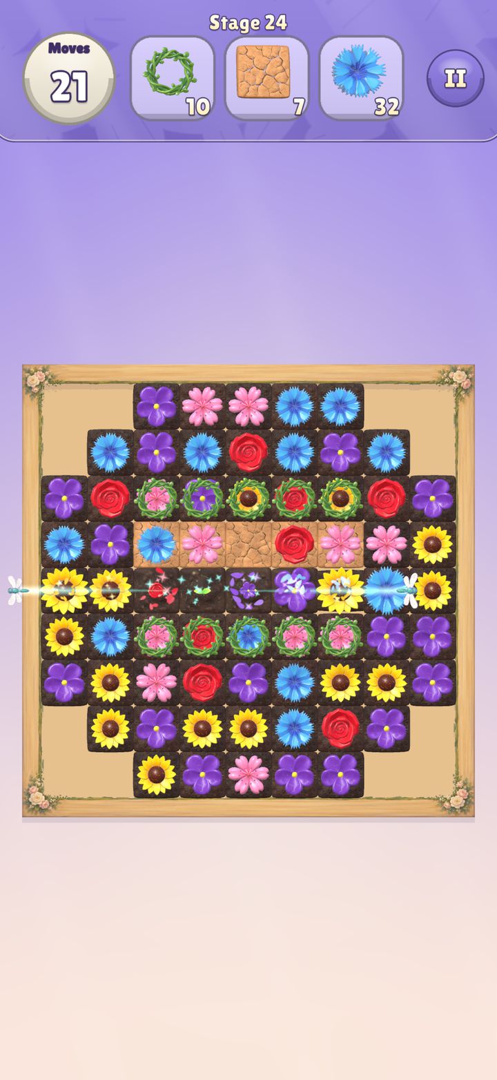 Bloom Match: a board of colourful flowers with a row clearing.