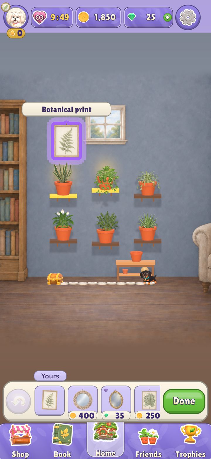 Decorating a wall: a botanical print lifted up, with more wall pieces and their prices along the bottom.
