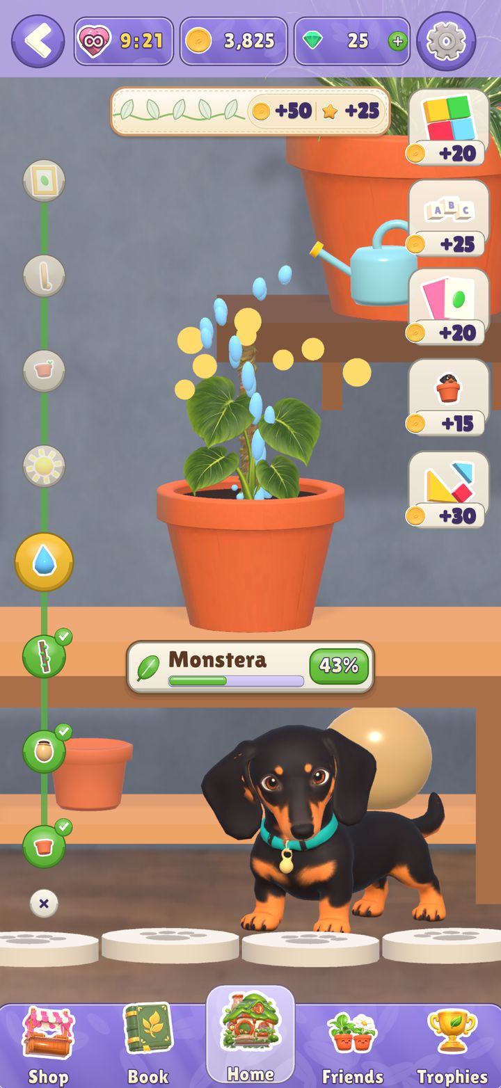 Watering a Monstera at the Potting Bench, with A.D. the dachshund beside it and the five game cards down the right side.